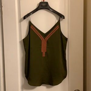 Olive Green blouse tank, coral detailing